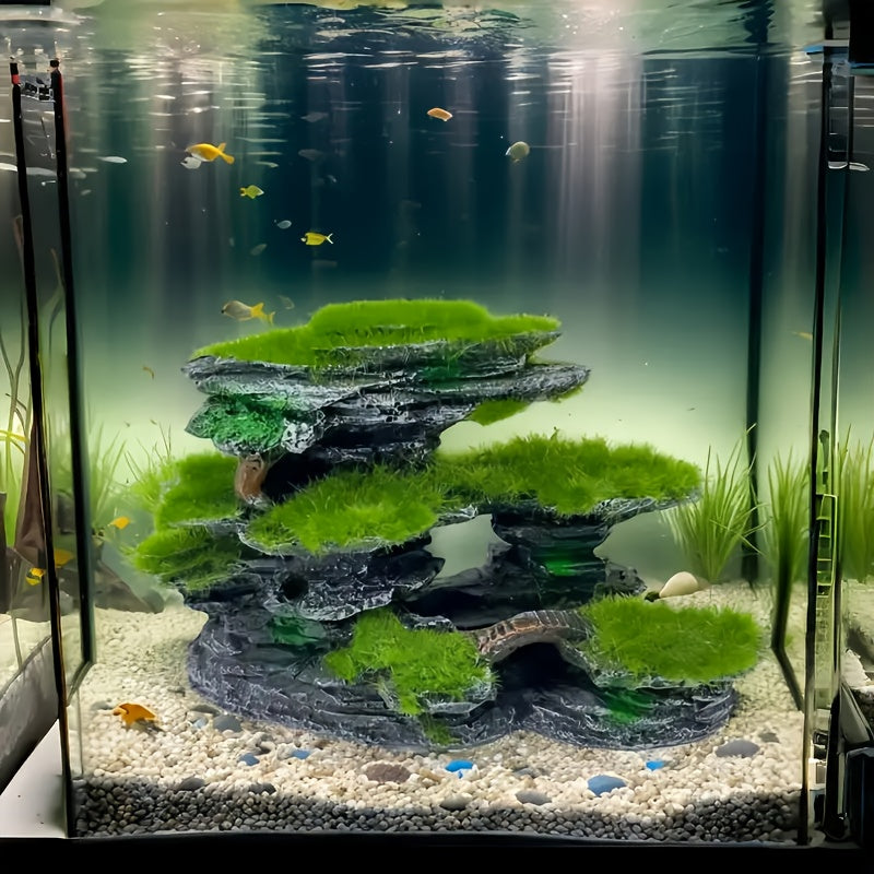 Aquarium Moss Rock Decoration, Multi-Layer Resin Fish Tank Ornament with Grass-Style Detailing for Shrimp and Fish Habitat Aquascaping