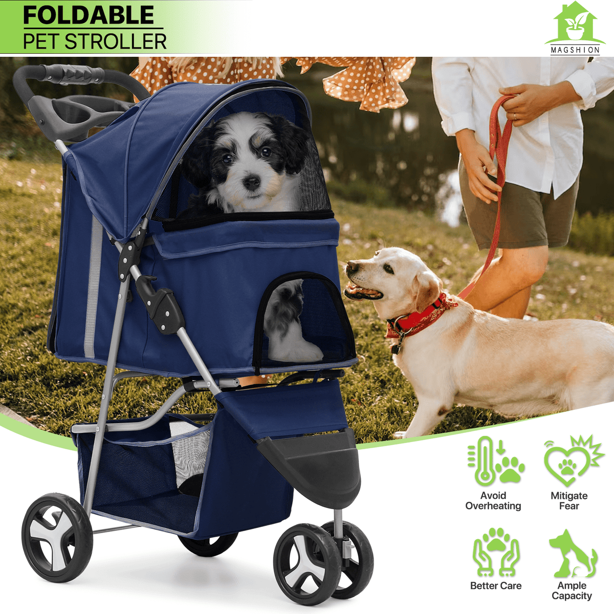 Pet Stroller with Storage Basket and Cup Holder, Magshion Three-Wheel Foldable Pushchair for Small and Medium Dogs and Cats, 14 Color and Pattern Options