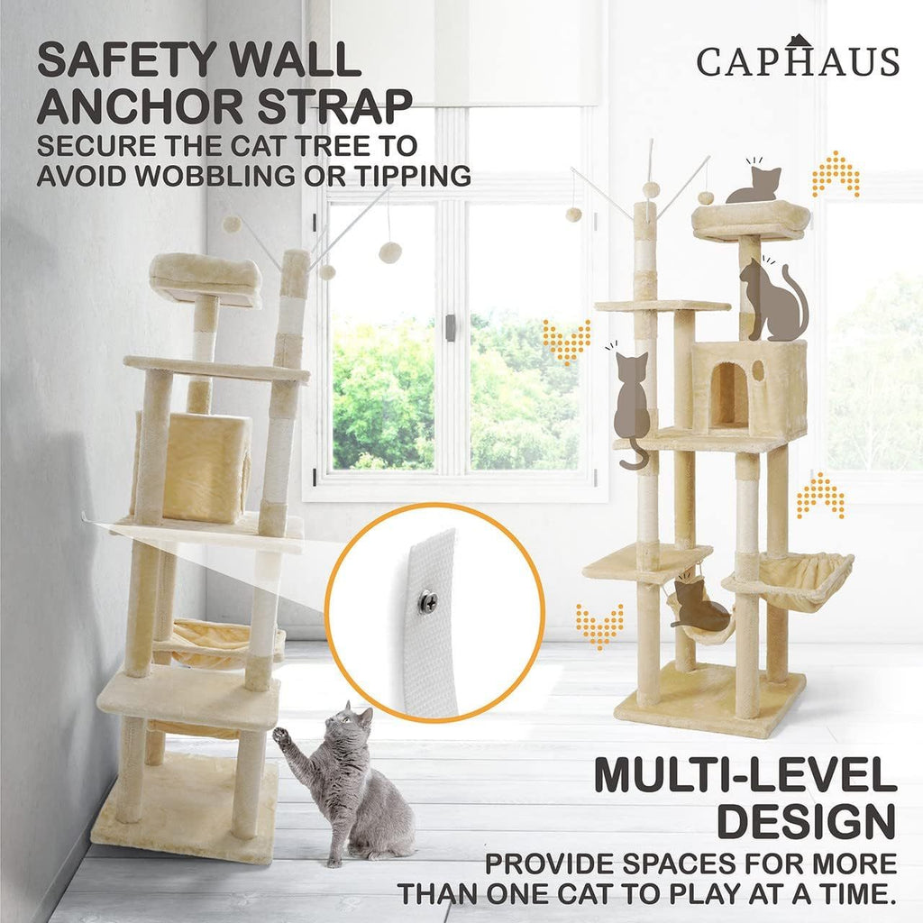 Tall Cat Tree 70 Inch for Indoor Cats, Multi-Level Climbing Tower with Top Perch, Hammock, Cave Condo and Scratching Posts in Three Colors