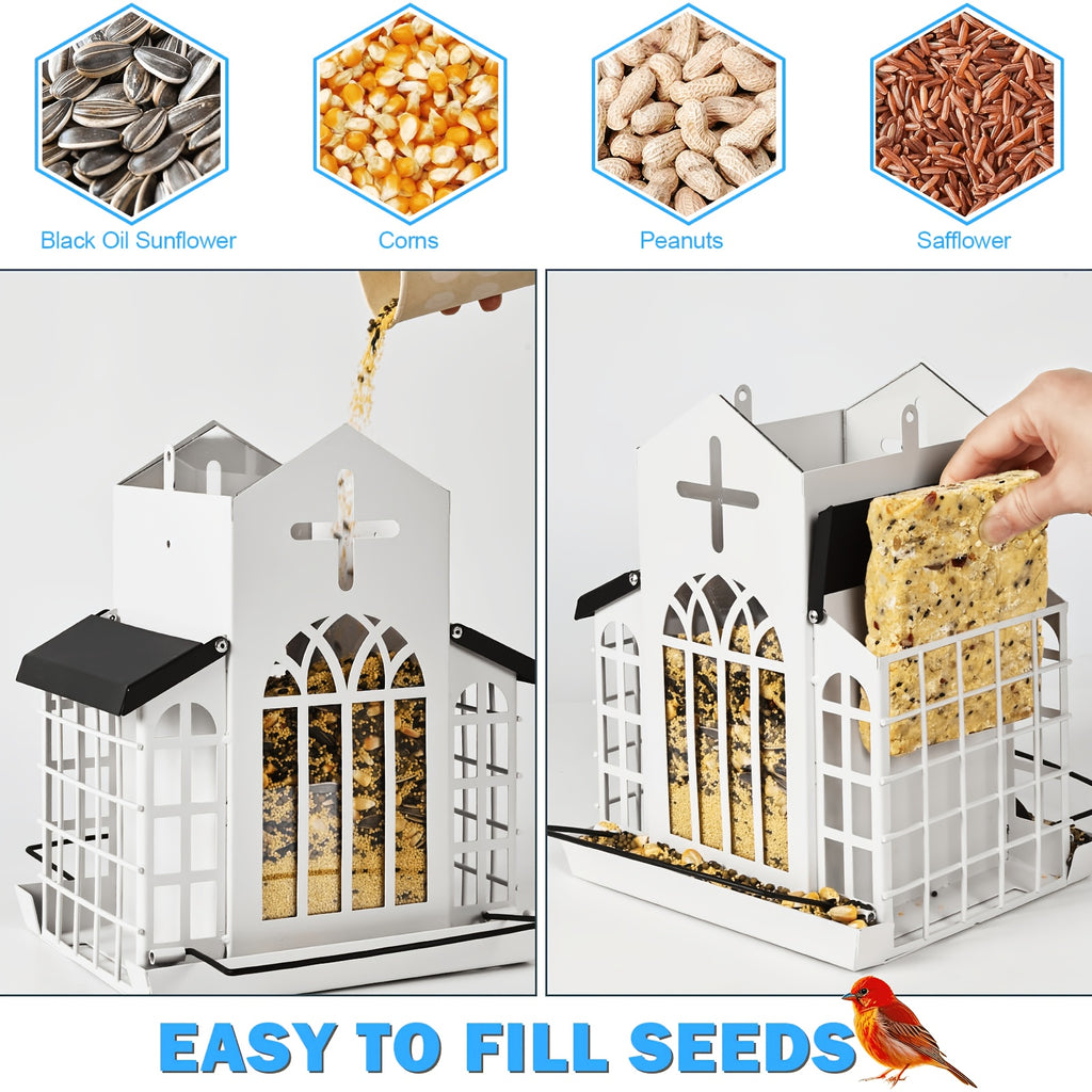 Vintage Metal Bird Feeder for Outside, Triple Mesh Seed Feeding Areas with Hanging Chains and Decorative Window Cut-Outs for Backyard Birdwatching
