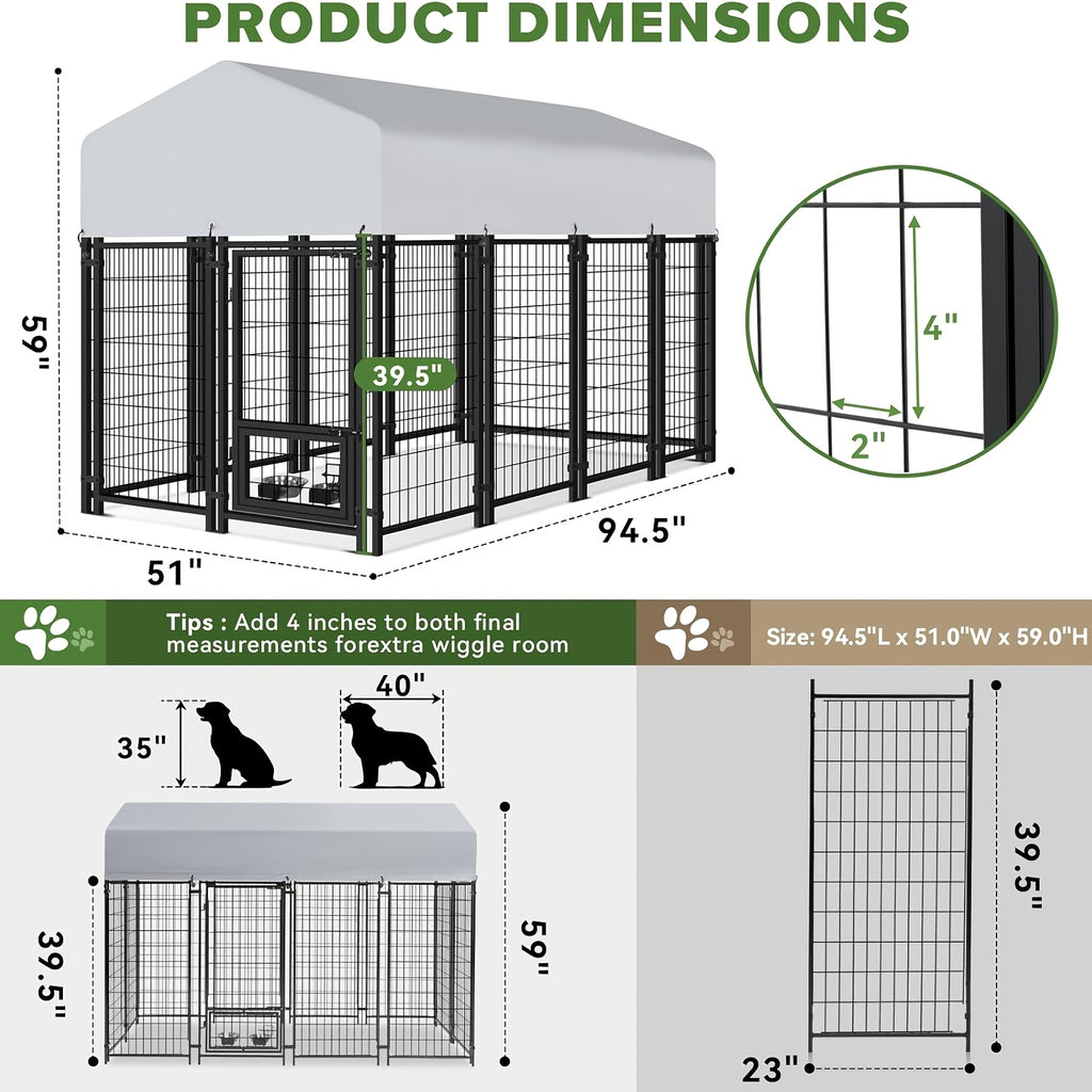 Outdoor Dog Enclosure with Welded Wire Panels, Locking Door and UV-Resistant Roof Cover, Three Size Options for Supervised Backyard Use