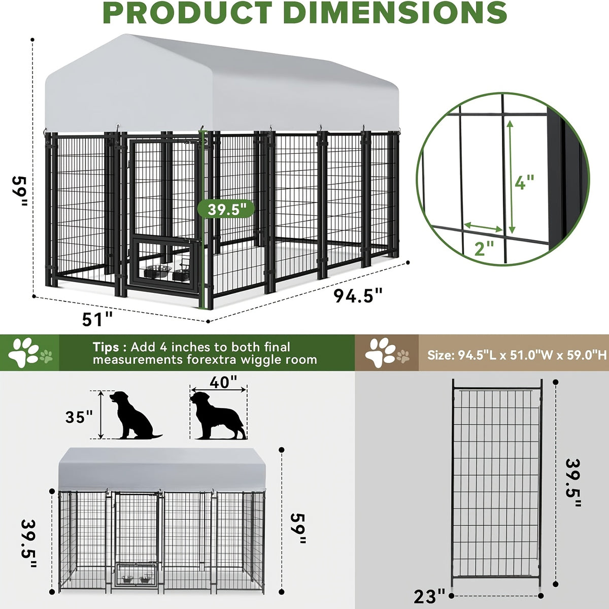 Outdoor Dog Enclosure with Welded Wire Panels, Locking Door and UV-Resistant Roof Cover, Three Size Options for Supervised Backyard Use