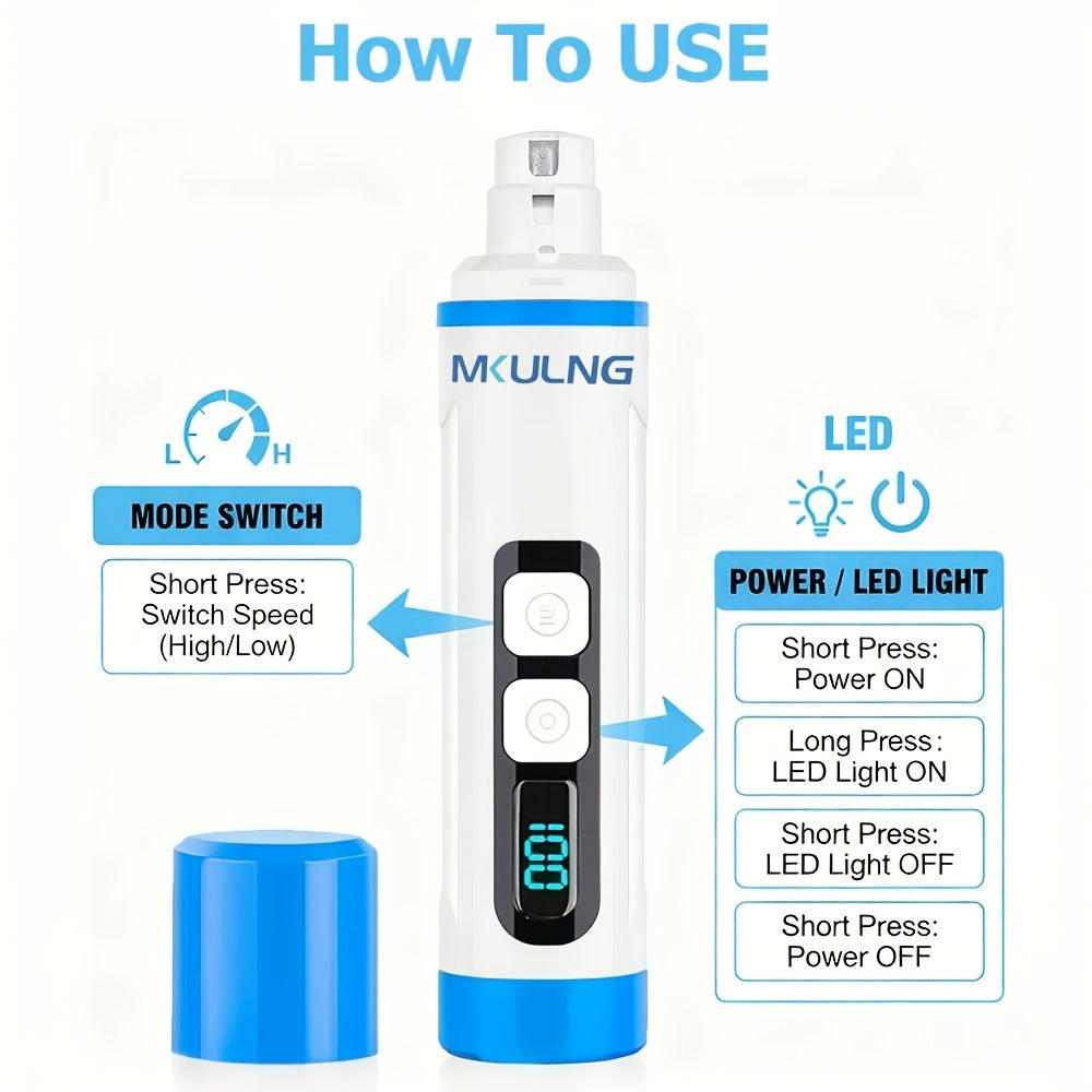 2-Speed Dog Nail Grinder with LED Light, Quiet Rechargeable Electric Pet Nail File and Optional Replacement Wheels for Home Grooming