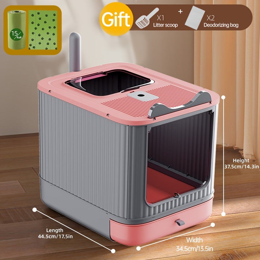 Enclosed Cat Litter Box with Foldable Design, Front Door and Top Opening, Covered Indoor Kitty Toilet in White, Pink or Yellow Options