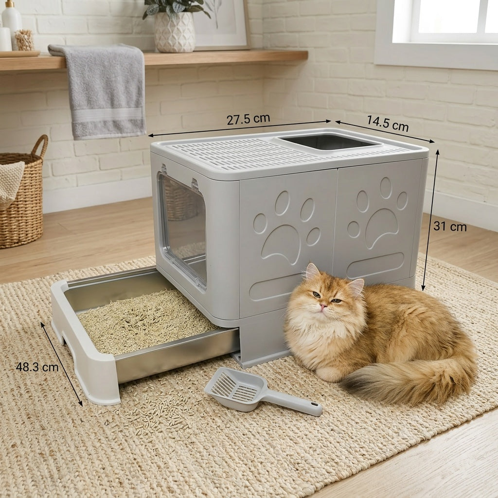 Foldable Cat Litter Box with Drawer Tray and Scoop, Large Plastic Top-Entry Kitty Toilet with Perforated Lid for Indoor Cat Potty Care