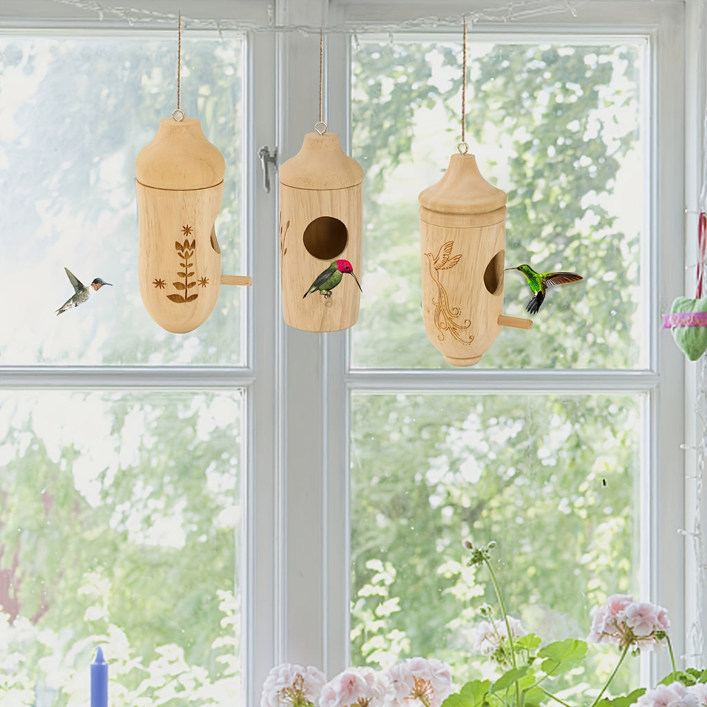 Wooden Hummingbird House 3 Pack for Outdoor Hanging, Natural Wood Garden Decorations and Backyard Accents, Gardening Gifts for Bird Lovers