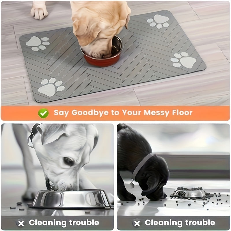 Paw Print Pet Feeding Mat, Light Gray 11.81 x 15.75 Inch Absorbent Non-Slip Bowl Pad with Herringbone Design for Dog and Cat Food and Water Stations