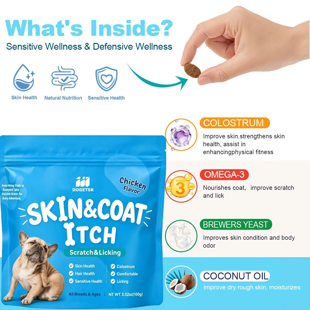Dog Omega-3 Chew Tablets in Portable Pouches, Chicken Flavor Canine Supplement with Listed Coconut Oil and Brewer's Yeast, 100g or Two-Pack
