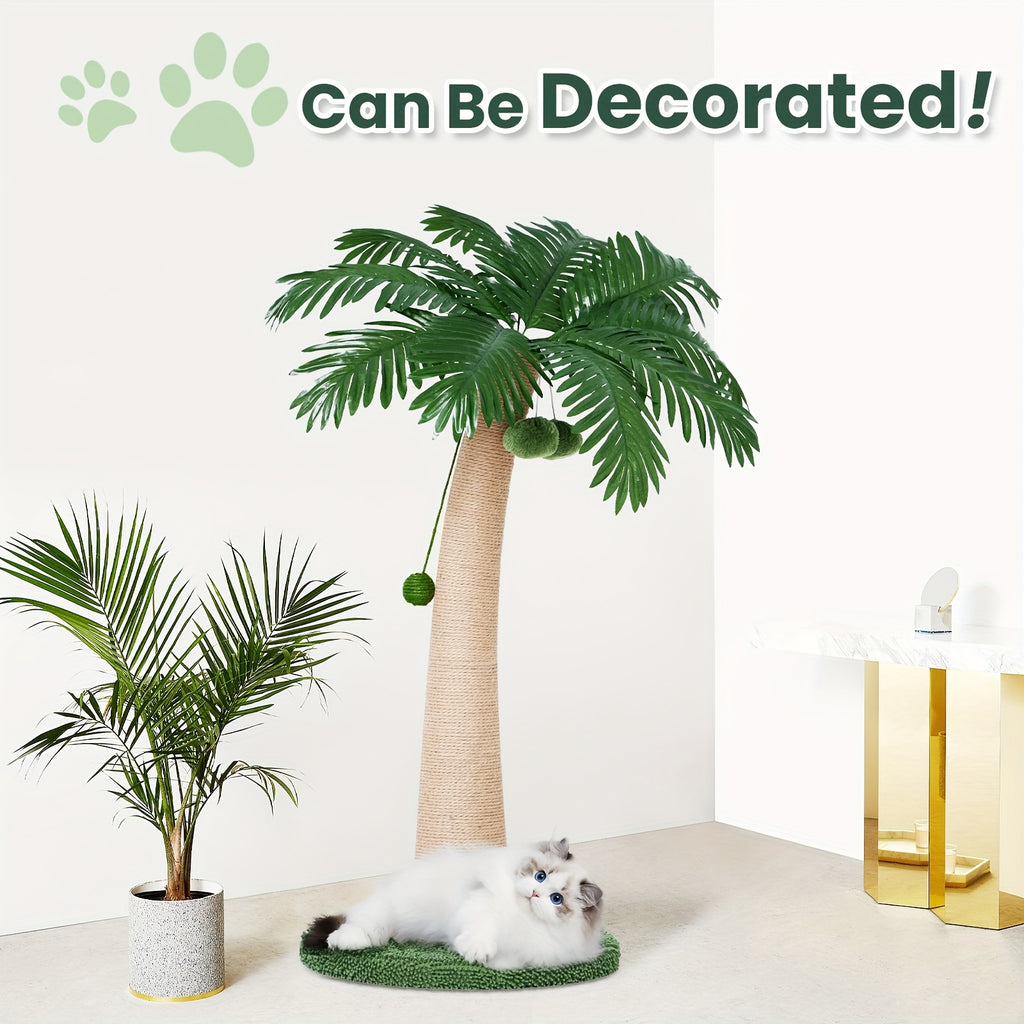 Coconut Tree Cat Scratching Post 43 Inch, Tall Sisal Scratcher with Three Hanging Pom-Pom Toys and Soft Fabric Round Base for Indoor Cats