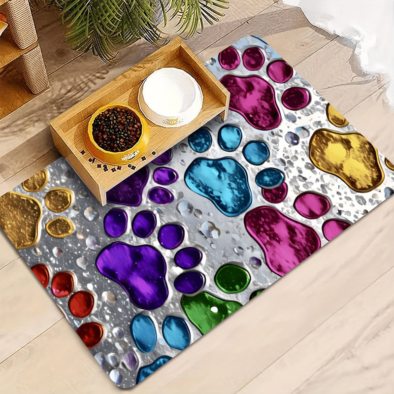 Absorbent Pet Feeding Mat with Colorful Paw Pattern, Quick-Drying Non-Slip Food and Water Bowl Pad for Dogs, Cats and Multi-Pet Homes