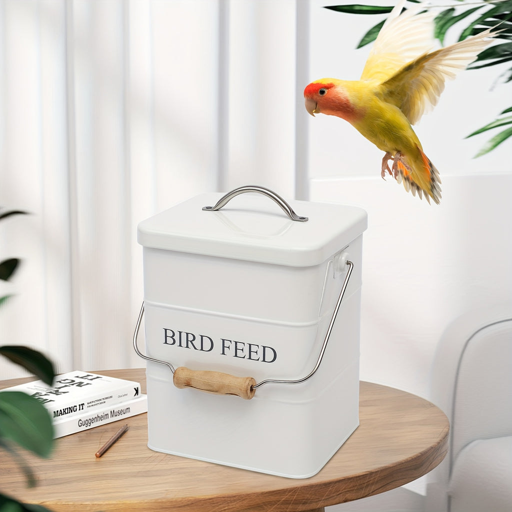 Bird Seed Storage Tin with Lid, Metal Bird Food Container in White or Black, Vintage Farmhouse Style Bucket for Organized Feeding Supplies at Home