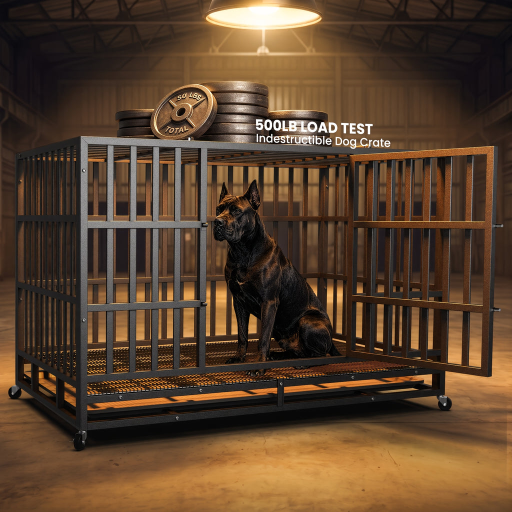 Heavy Duty Dog Crate with Top Opening, Black Steel Kennel in 42 or 48 Inch Models with Front Door, Lockable Wheels and Removable Cleaning Tray