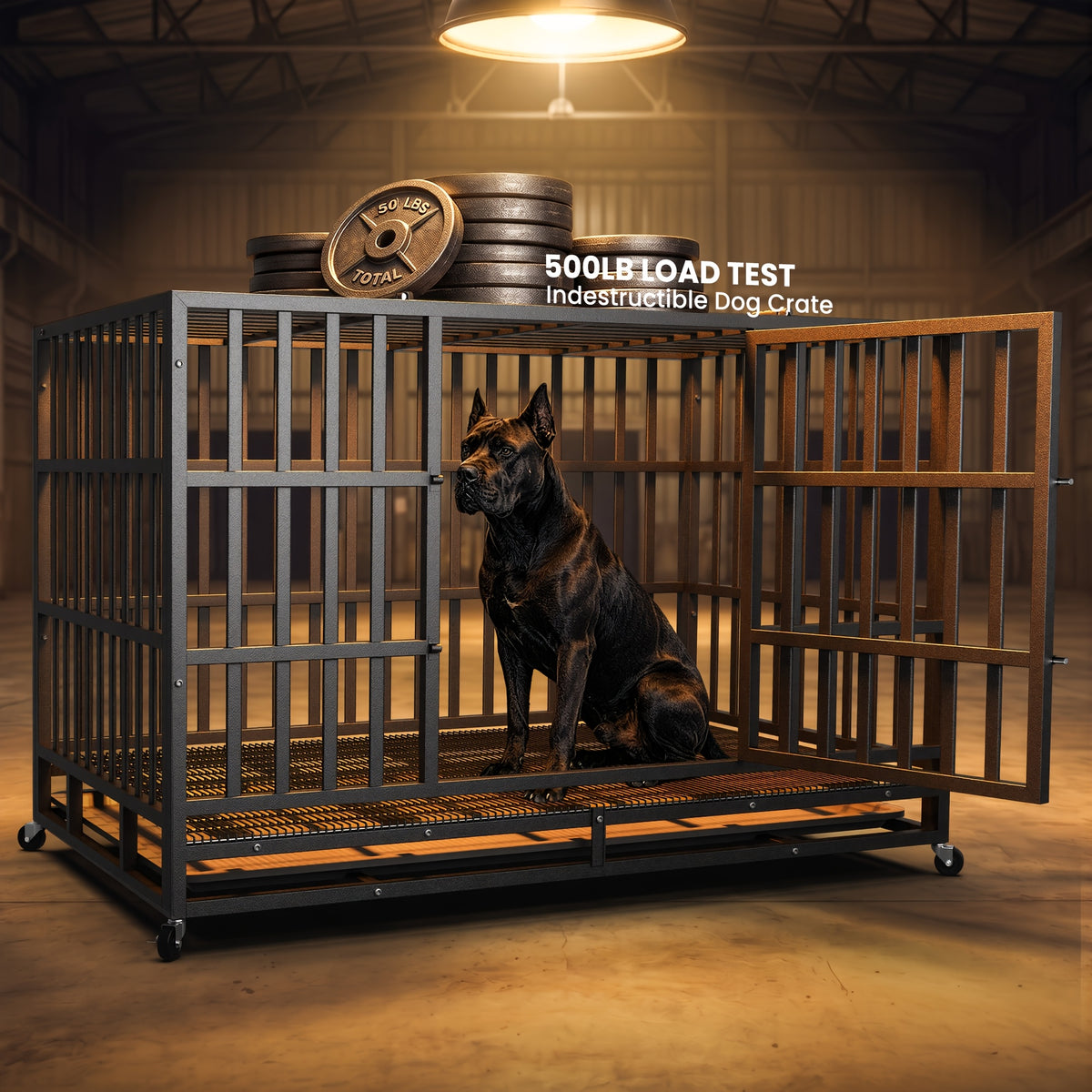 Heavy Duty Dog Crate with Top Opening, Black Steel Kennel in 42 or 48 Inch Models with Front Door, Lockable Wheels and Removable Cleaning Tray