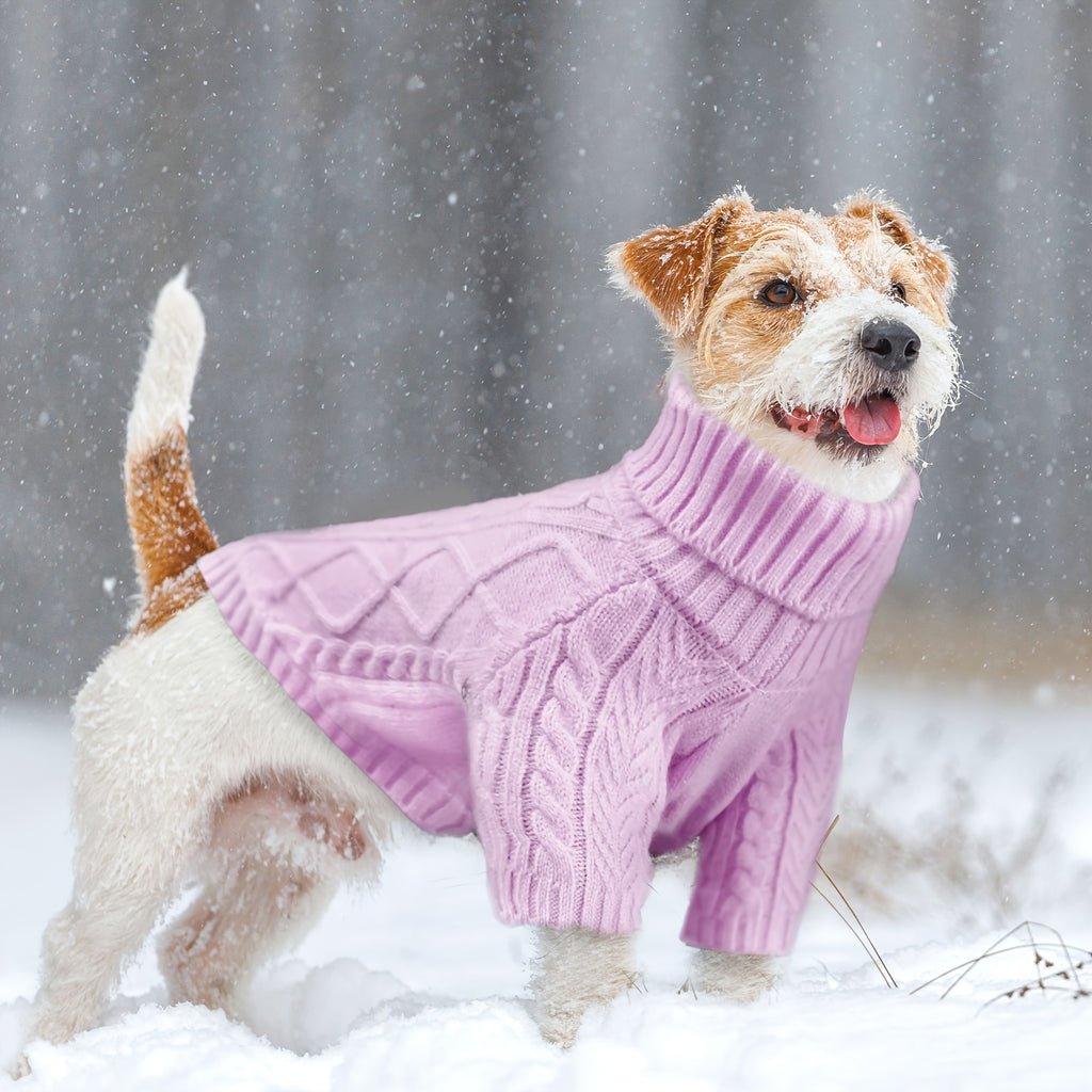 Cable Knit Dog Sweater with Turtleneck and Long Sleeves, Soft Warm Pullover for Small to Medium Dogs, Five Colors and XS-XL Sizes