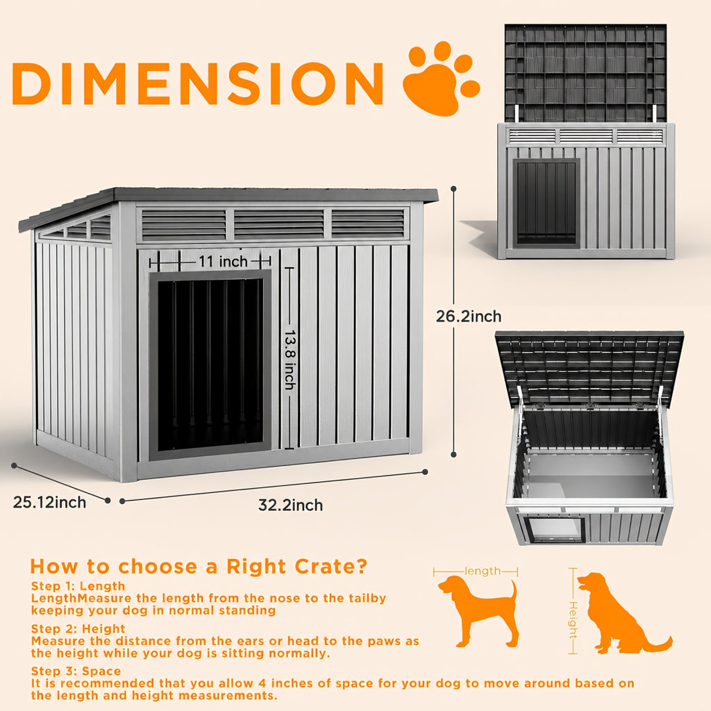 Resin Dog House 33 Inch with Slanted Roof and Ventilation Openings, UV-Resistant Outdoor Pet Shelter in Black or Grey for Backyard Rest