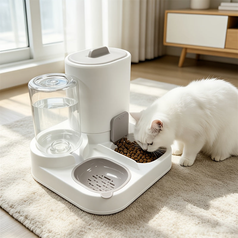 Cat Feeder and Waterer 2-in-1, Gray Integrated Pet Feeding Station with Detachable Stainless Steel Food Bowls and Storage for Cats and Small Dogs