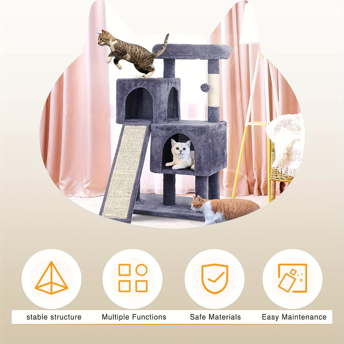 Cat Tree with Double Condos and Ramp, 36 Inch Plush Indoor Cat Tower with Top Perch, Sisal Scratching Posts and Dangling Ball, Three Colors