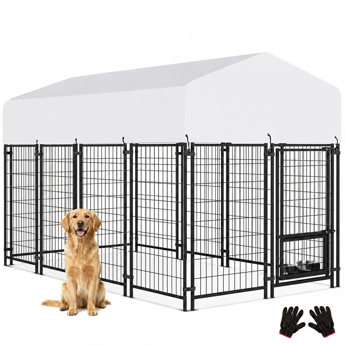 Outdoor Dog Kennel with Rotating Bowls, Heavy-Duty Welded Steel Dog Run with Secure Lock and UV-Resistant Roof, Three Sizes for Backyard Use