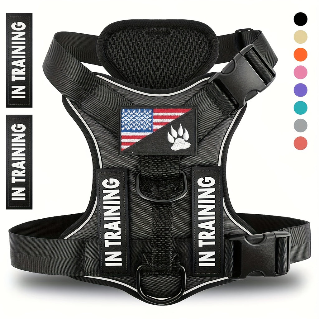 Dog Harness with Patches Set, Adjustable Reflective Mesh-Lined Vest with Control Handle and 5 Patches, XS-XL for Daily Walking, Running and Training