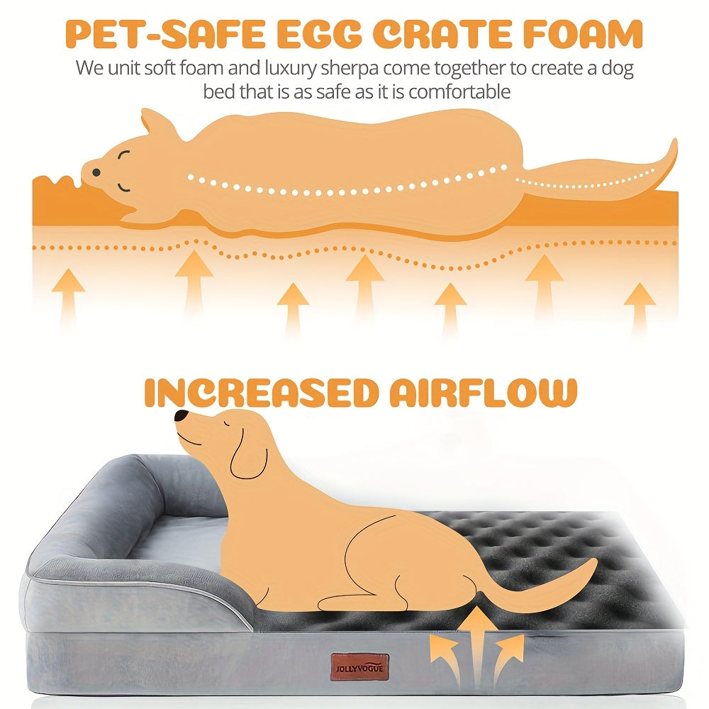 Four-Sided Bolster Dog Bed with Egg-Crate Foam, Grey Flannel Pet Sofa with Removable Washable Cover, Lowered Entry and Non-Skid Bottom, M to XXL
