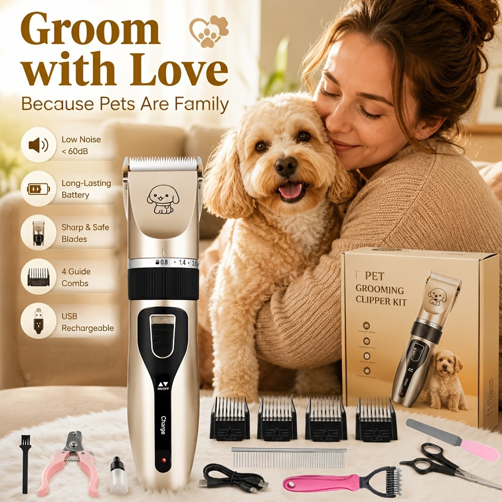 Electric Dog Grooming Clippers, Low-Noise USB Rechargeable Pet Hair Trimmer for Dogs and Cats, Golden or Red with 12-Piece Set Options
