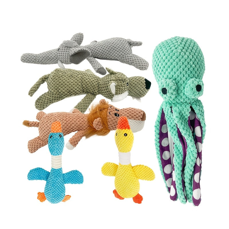 Random Animal Plush Dog Toy, One Squeaky Textured Companion for Supervised Gentle Play, Assorted Octopus, Goose, Wolf, Lion or Elephant Style