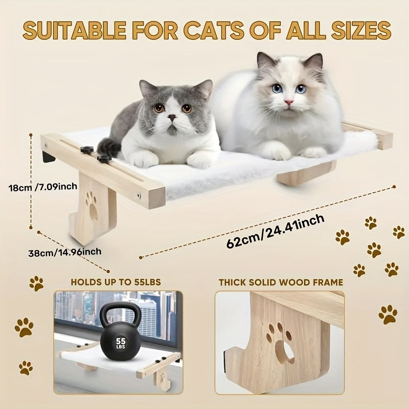Cat Windowsill Hammock, 24.4 x 15 Inch Adjustable Wood and Metal Frame Bed for Indoor Cats, Non-PVC Perch for Compatible Bedsides, Drawers and Cabinets