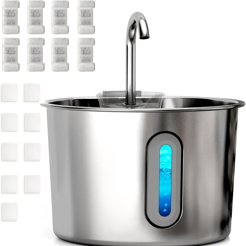 Cat Water Fountain with Filter and Sponge Bundles, 74oz 2.2L Stainless Steel Drinking Dispenser with Water Level Window for Indoor Cats and Small Dogs
