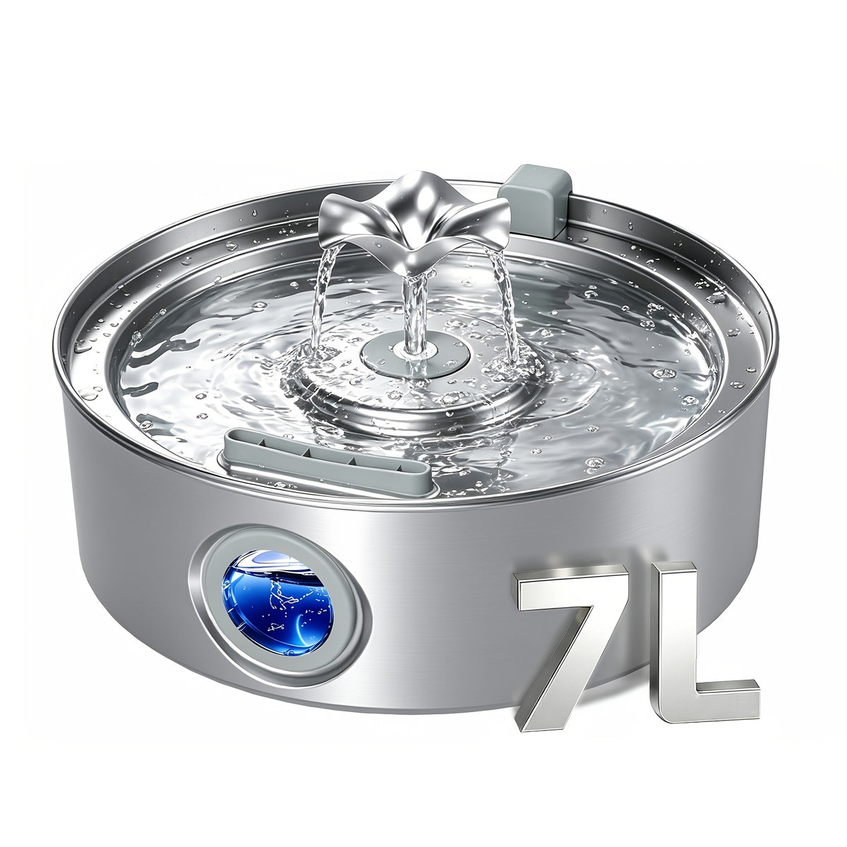 Dog Water Fountain 7L with Flower Head, 304 Stainless Steel Pet Drinking Dispenser with Water Level Window and Filter Bundle Options for Multi-Pet Homes