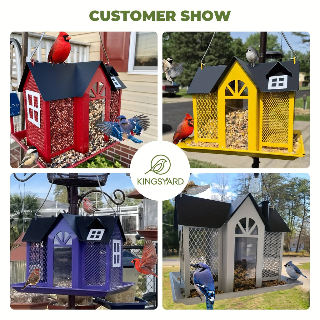 Outdoor Bird Feeder House with Triple Feeding Areas, Metal Mesh Wild Bird Seed Feeder for Finches, Cardinals and Chickadees, Five Color Options
