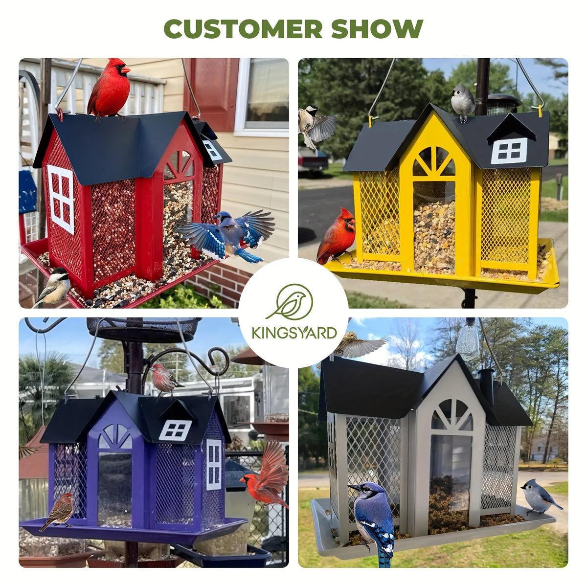 Outdoor Bird Feeder House with Triple Feeding Areas, Metal Mesh Wild Bird Seed Feeder for Finches, Cardinals and Chickadees, Five Color Options
