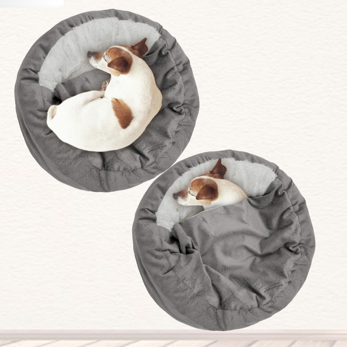 Donut Cave Dog Bed with Hooded Blanket, Fluffy Round Pet Nest with Raised Edges and Non-Slip Bottom for Indoor Dogs and Cats, Beige or Grey