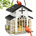 Vintage Metal Bird Feeder for Outside, Triple Mesh Seed Feeding Areas with Hanging Chains and Decorative Window Cut-Outs for Backyard Birdwatching