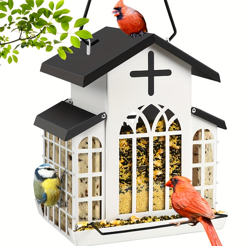 Vintage Metal Bird Feeder for Outside, Triple Mesh Seed Feeding Areas with Hanging Chains and Decorative Window Cut-Outs for Backyard Birdwatching