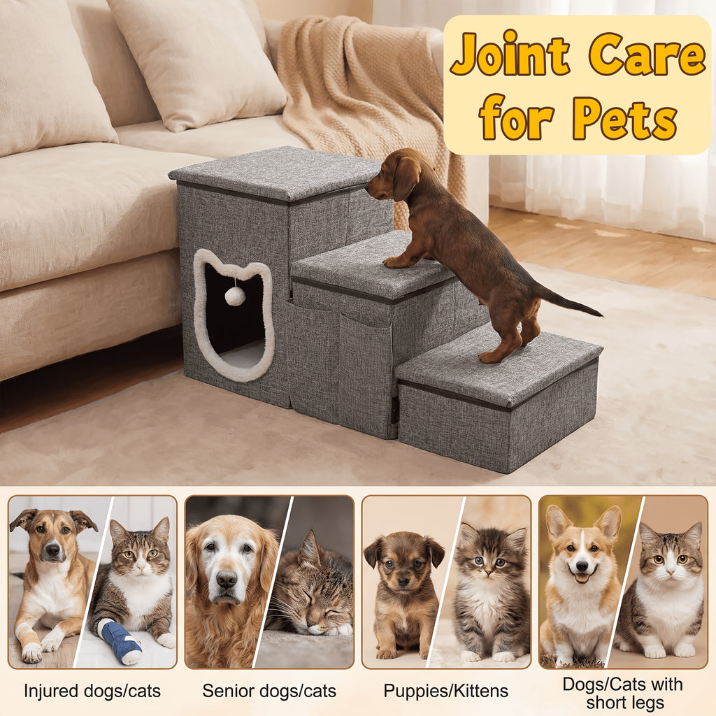 Pet Stairs with Storage for Bed and Sofa, Soft Cushioned Non-Slip Dog and Cat Steps in 2, 3 or 4 Tiers with Side Pocket or Grab Bar Style Options