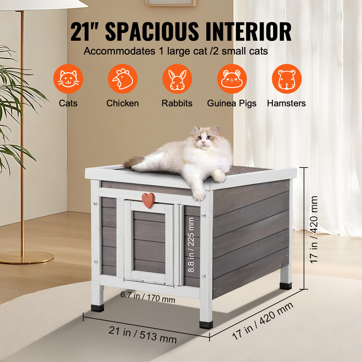 Fir Wood Outdoor Cat House with Asphalt Roof, Acrylic Window and Removable PVC Door Flaps, 20 or 24 Inch Feral Cat Shelter with Cleaning Access