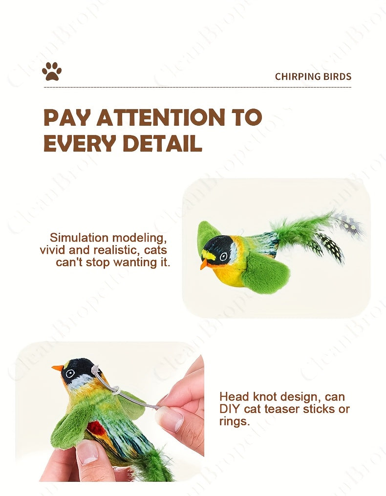 Bird Sound Cat Toy 2-Pack with Leaf Details, Random Color Simulated Birds for Kittens and Indoor Cats, Supervised Chase and Batting Play