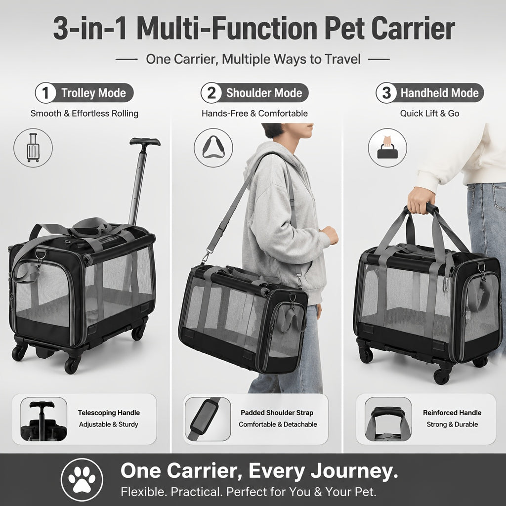Rolling Pet Carrier Backpack with Telescoping Handle, Ventilated Oxford Cloth Travel Trolley with Zipper Closure and 360° Swivel Wheels