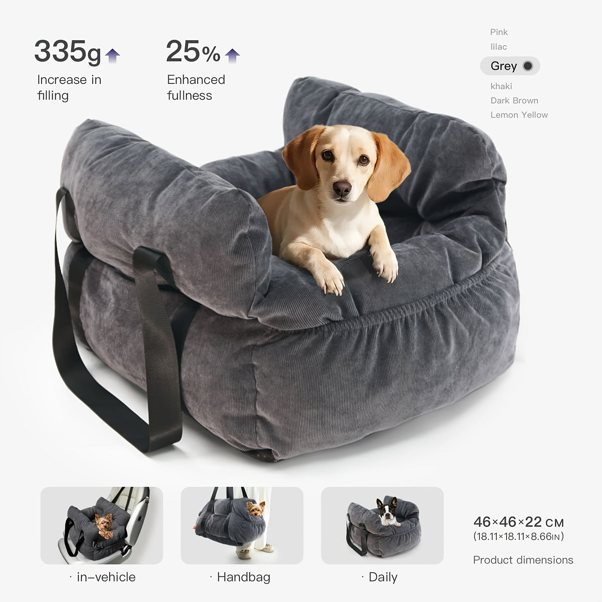 Dog Car Seat Carrier with Handheld and Shoulder Carry Options, Travel Booster Bag for Dogs and Cats with Listed Harness, Seven Color and Style Choices