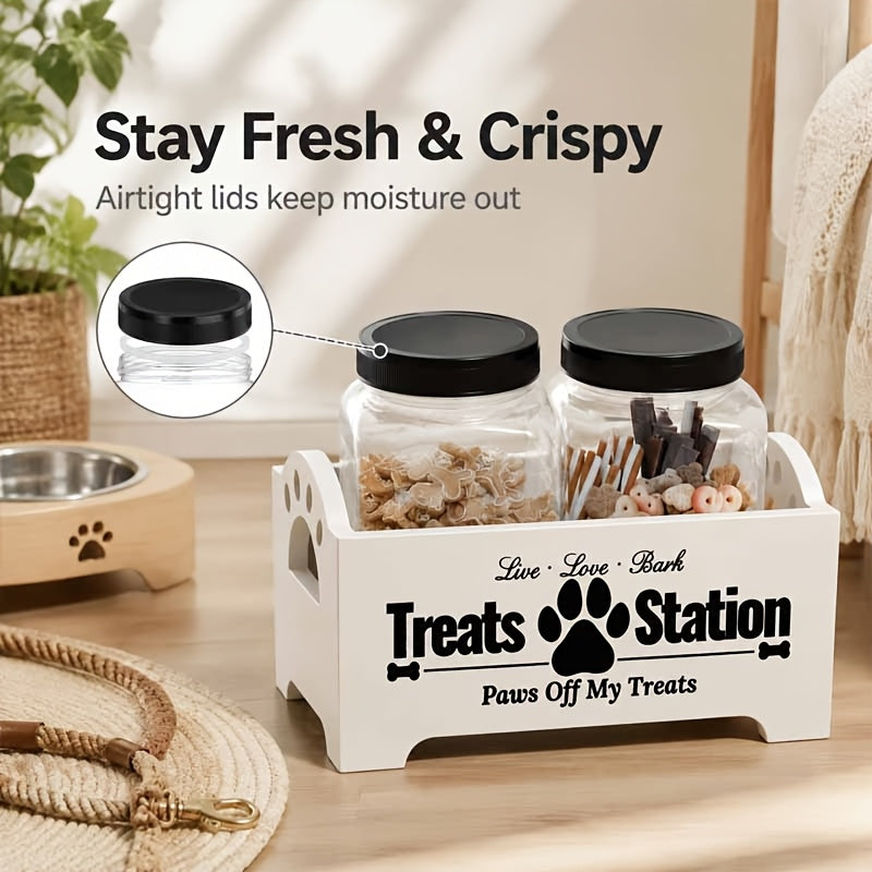 Dog Treat Container Set with Wooden Farmhouse Rack and 2 Plastic Snack Canisters, 3-Piece Pet Food Storage Organizer in Black or White for Home