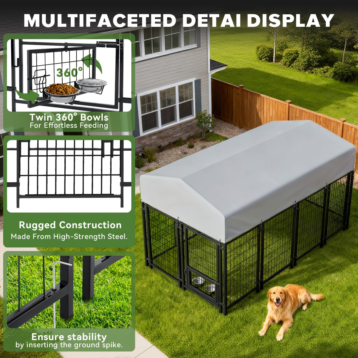 Outdoor Dog Kennel with Rotating Bowls, Heavy-Duty Welded Steel Dog Run with Secure Lock and UV-Resistant Roof, Three Sizes for Backyard Use