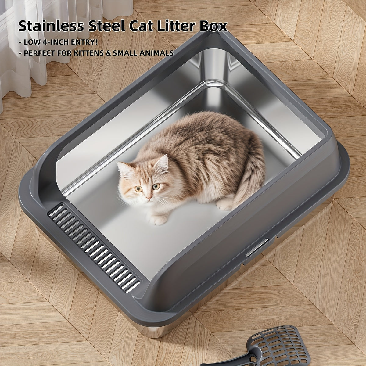 Stainless Steel Litter Box 2 Pack with High-Sided Open-Top Covers and Scoops, Easy-Clean Metal Cat Litter Pans in L or XL for Indoor Cat Care