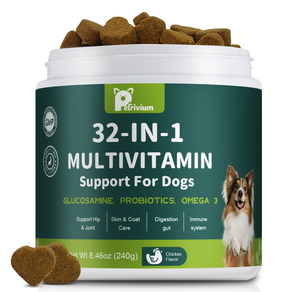 Canine Multivitamin Chews with Glucosamine, MSM, Omega 3 and 6 and Probiotics, Chicken Flavor Dog Supplement in a 120 Count Soft Chew Tub