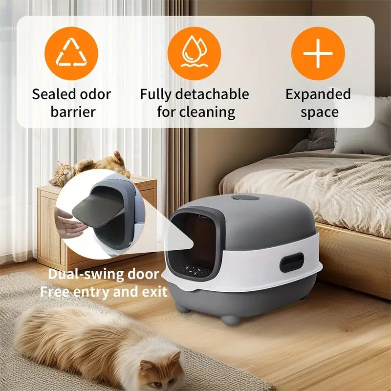 Hooded Cat Litter Box with Scoop, Fully Covered Spill-Reducing Indoor Kitty Toilet for Easy Daily Cleaning and Setup, Purple or Blue