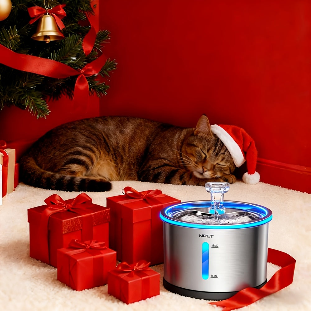 Stainless Steel Cat Water Fountain 50oz 1.5L, NPET WF210 Quiet Pet Drinking Dispenser with LED Water Level Window and Filter Bundle Options