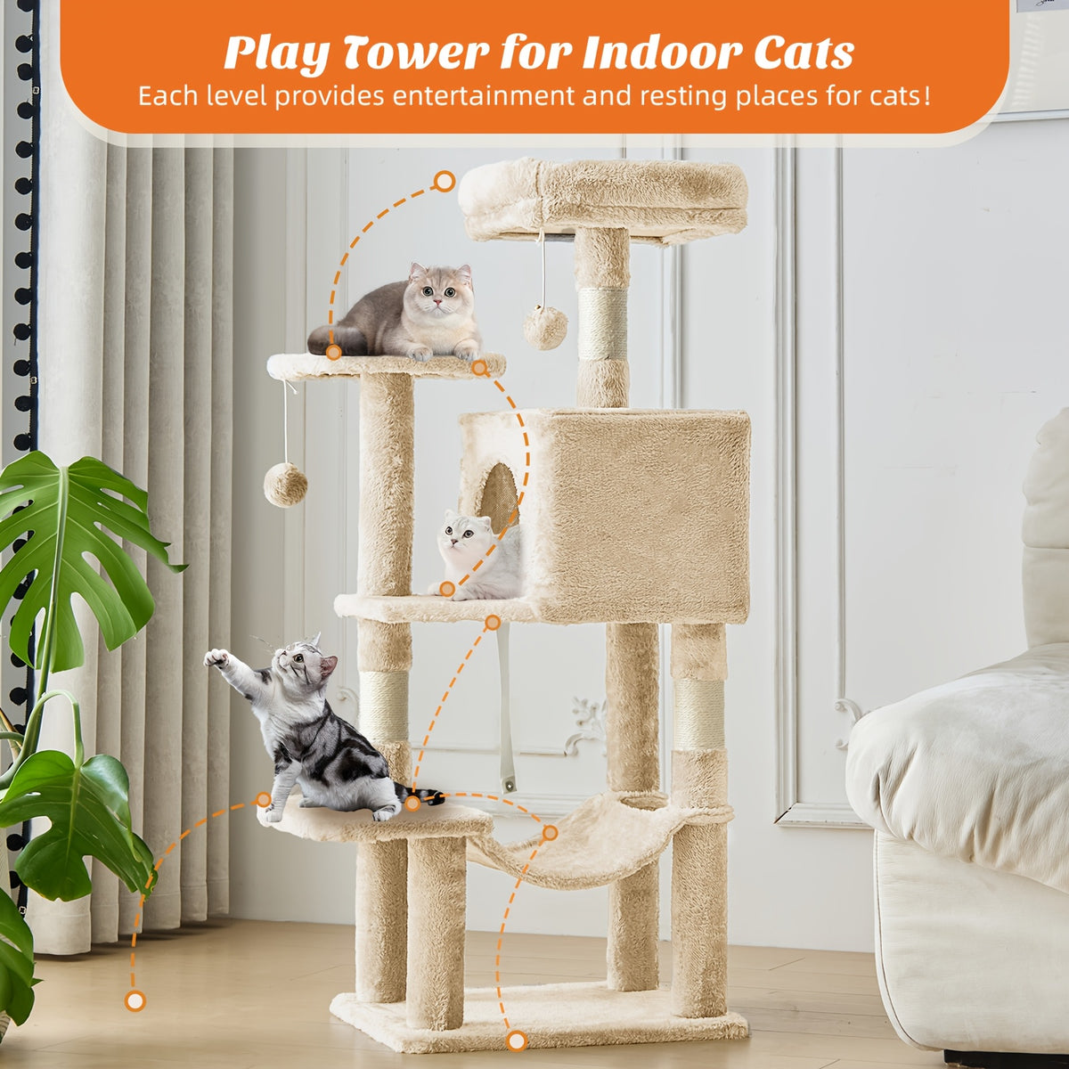 Cat Tree with Seven Color Choices, 44 Inch Indoor Cat Tower with Hammock, Condo Hideaway, Elevated Perches and Sisal Scratching Posts