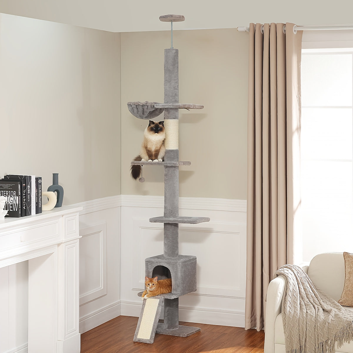 5-Tier Floor to Ceiling Cat Tree, 83–108 Inch Adjustable Indoor Cat Tower with Condo, Hammock, Scratching Post and Ladder in Seven Color Options