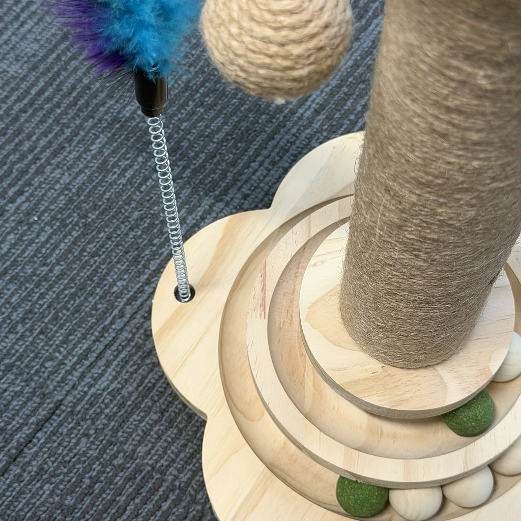 Cat Scratching Post with Six Wooden Balls, Brown Multi-Level Sisal Scratcher with Two Hanging Balls and Two Feather Toys for Indoor Play