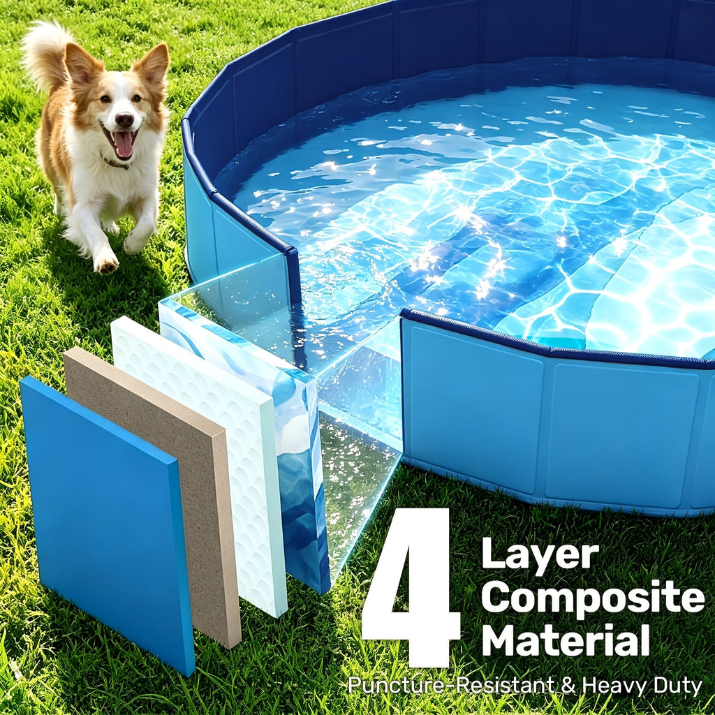 Foldable Dog Pool for Backyard Wading and Bath Time, Collapsible Portable Pet Bath Tub in Grey or Lake Blue, Eight Size Options for Summer Use