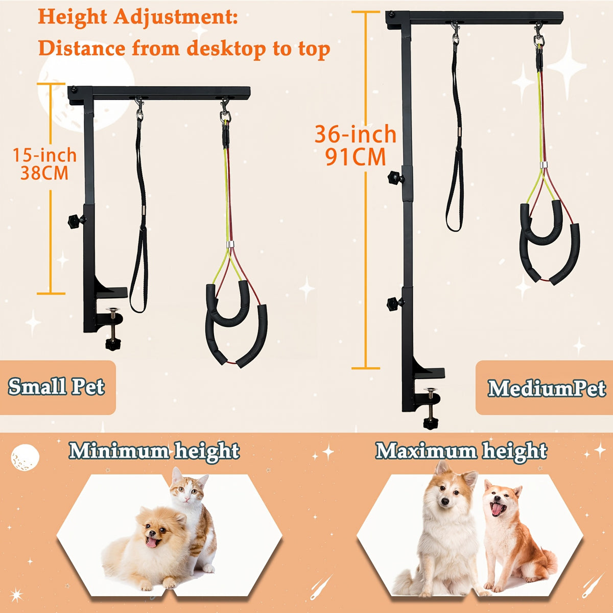 Dog Grooming Arm with Clamp, Adjustable 36-Inch Iron Three-Section Stand with No-Sit Haunch Holder and Ropes for Small and Medium Dogs and Cats